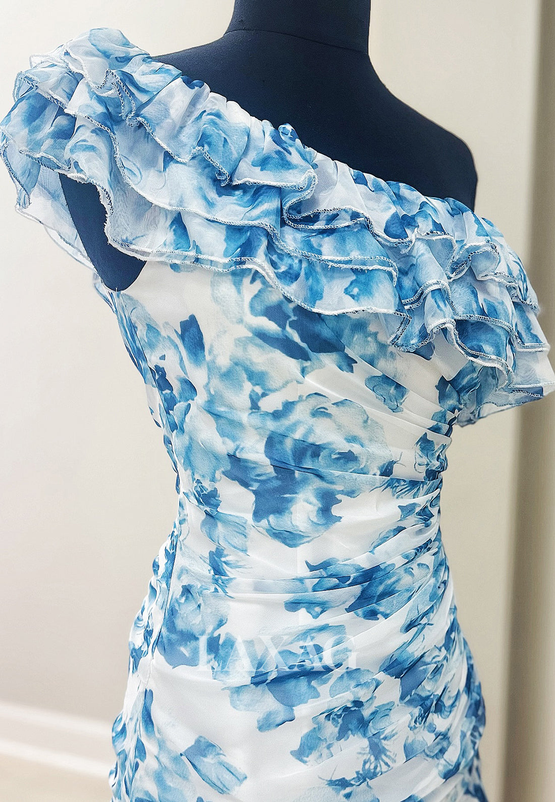 Asymmetrical-Neck Sleeveless Print-Chiffon Tiered Mermaid Party Homecoming Dress