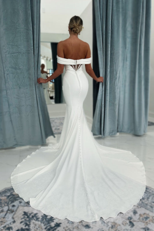 Bateau-Neck Off-Shoulder Pleated Satin Sweep Train Mermaid Wedding Dress
