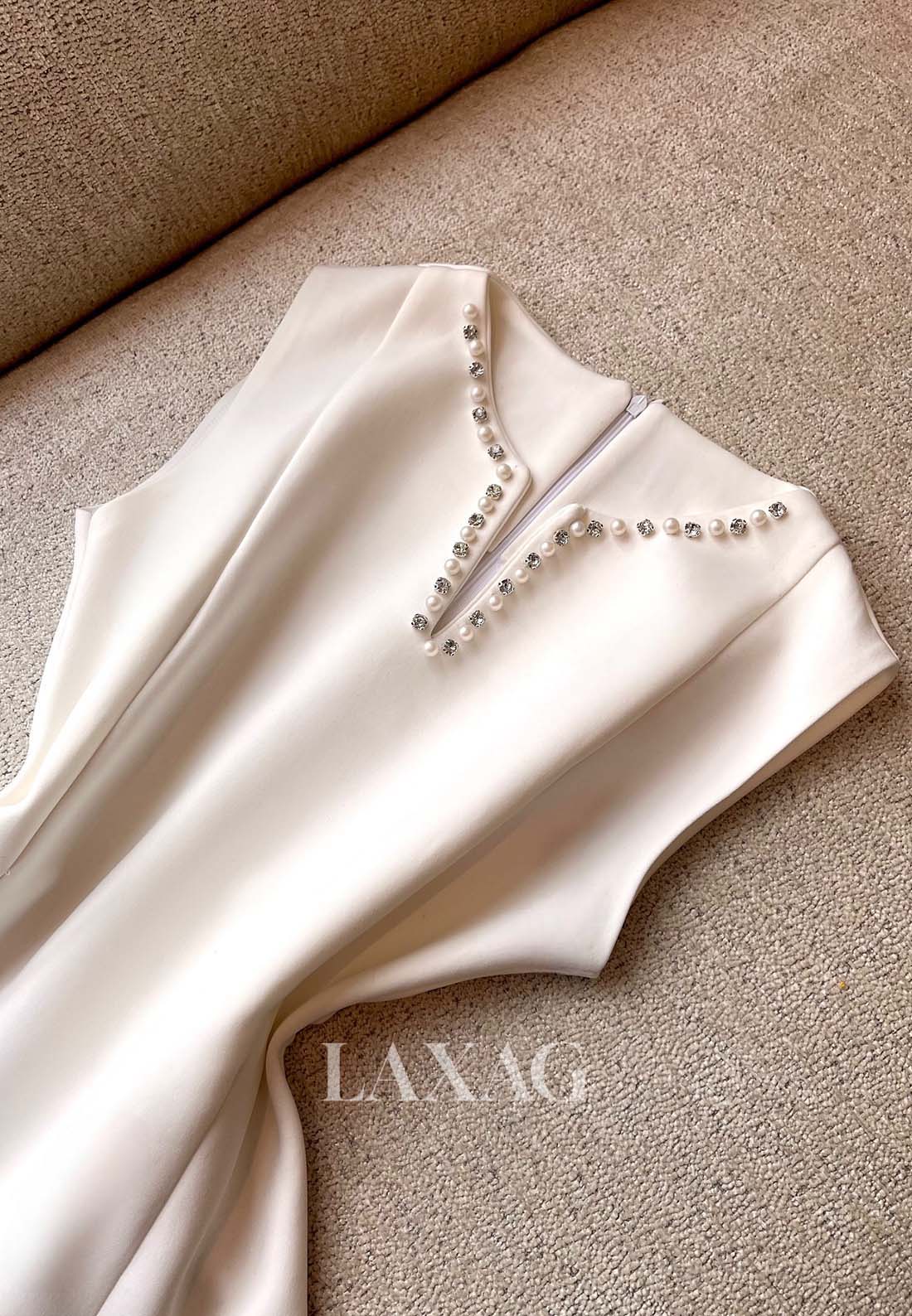 Deep V-Neck Cap-Sleeves Short Party Gowns Beaded Pleated Satin A-Line Homecoming Dress with Slit