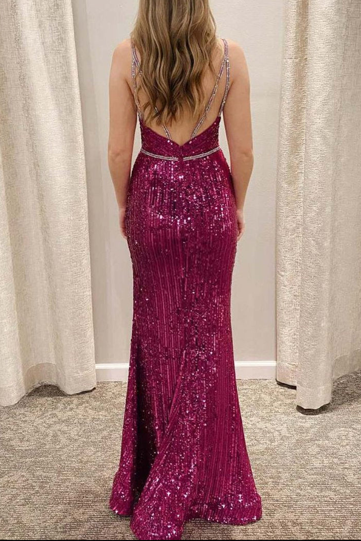 Deep V-Neck Spaghetti Straps Sleeveless Mermaid Fully Sequined Prom Dress with Slit