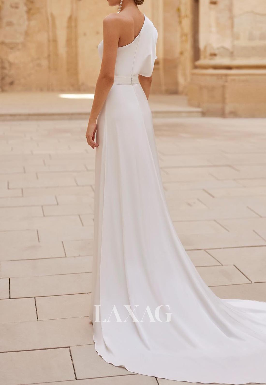 Asymmetrical-Neck Sleeveless Fitted Wedding Dress Pleated Chiffon Bride Gowns with High Slit