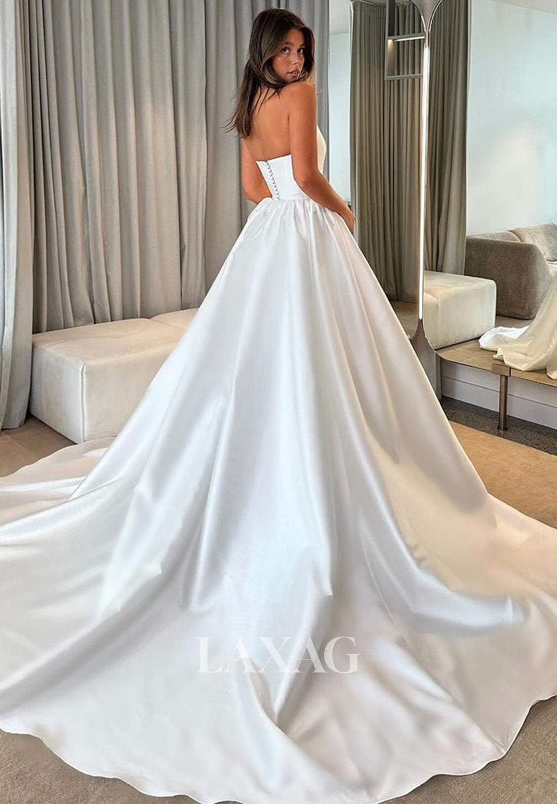 A-Line Scoop-Neck Pleated Satin Bride Gowns Off-Shoulder Sleeveless Wedding Dress with Train
