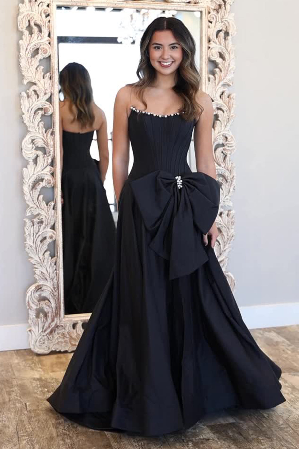 Scoop-Neck Off-Shoulder Sleeveless Floor-Length Beaded Satin A-Line Prom Dress with Bow