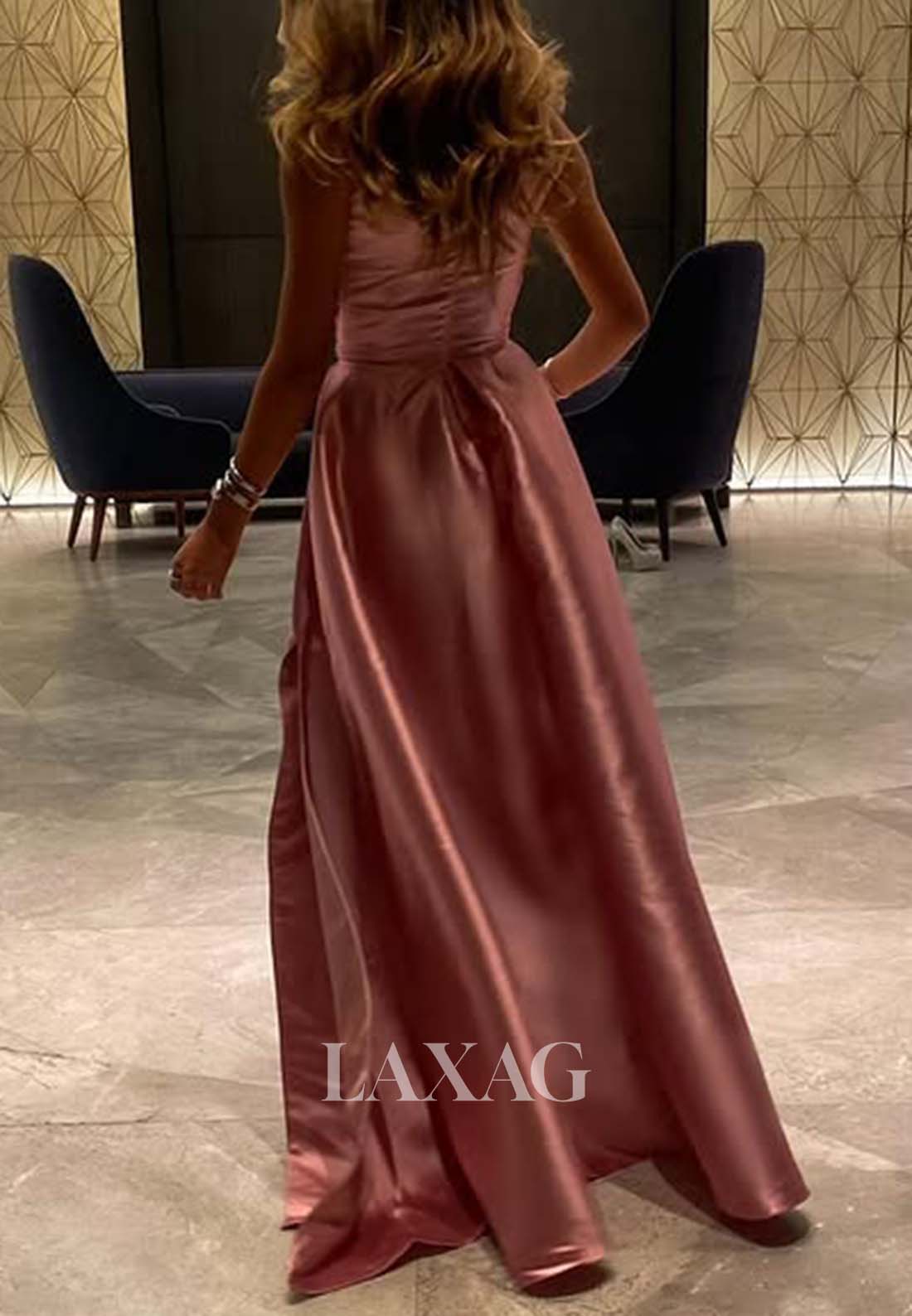 Asymmetrical-Neck Sleeveless A-Line Prom Dress Pleated Satin Evening Gowns with High Slit
