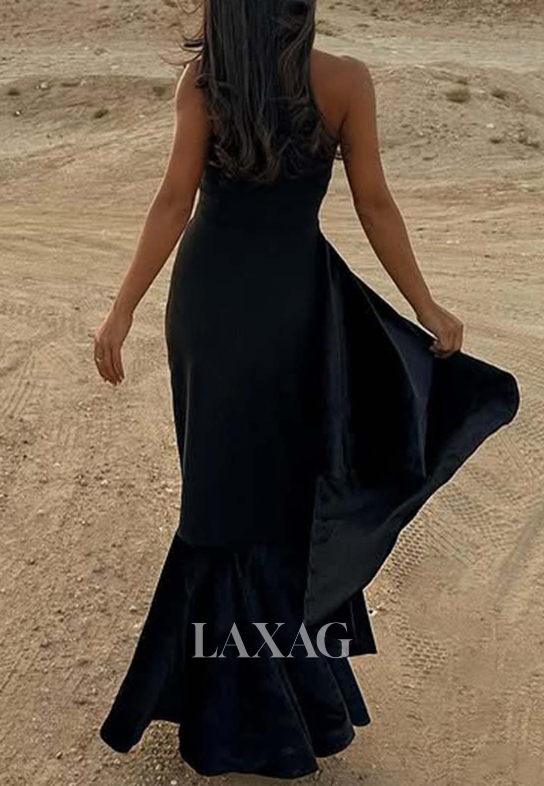 فستان سهرة حورية البحر من الساتان بدون أكمام وبجزء علوي مكشوف الكتفين مع قفازات