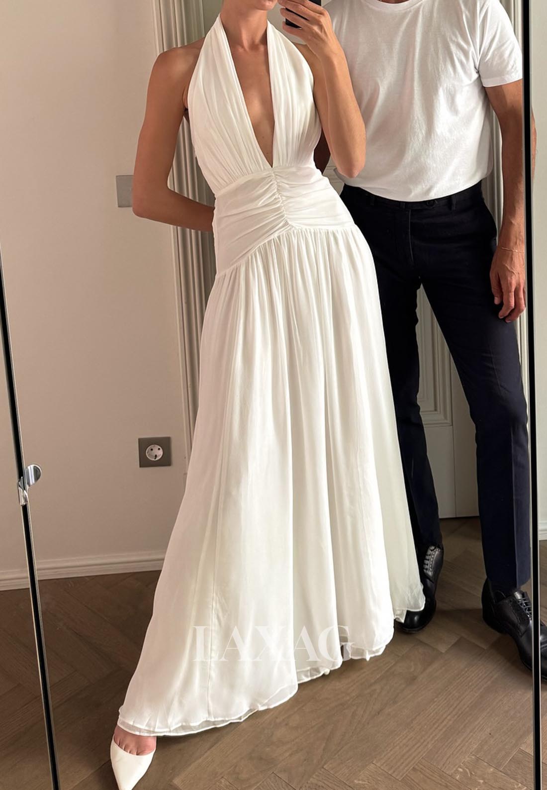 Halter Deep V-Neck Sleveless A-Line Wedding Dress Floor-Length Pleated Laxag Halter Deep V-Neck Sleveless A-Line Wedding Dress Floor-Length Pleated Laxag