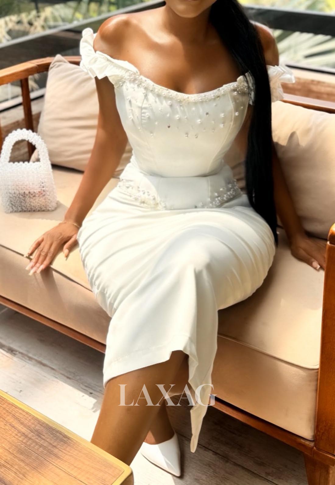 Scoop-Neck Off-Shoulder Sleeveless Beaded Tea-Length Satin Mermaid Wedding Dress