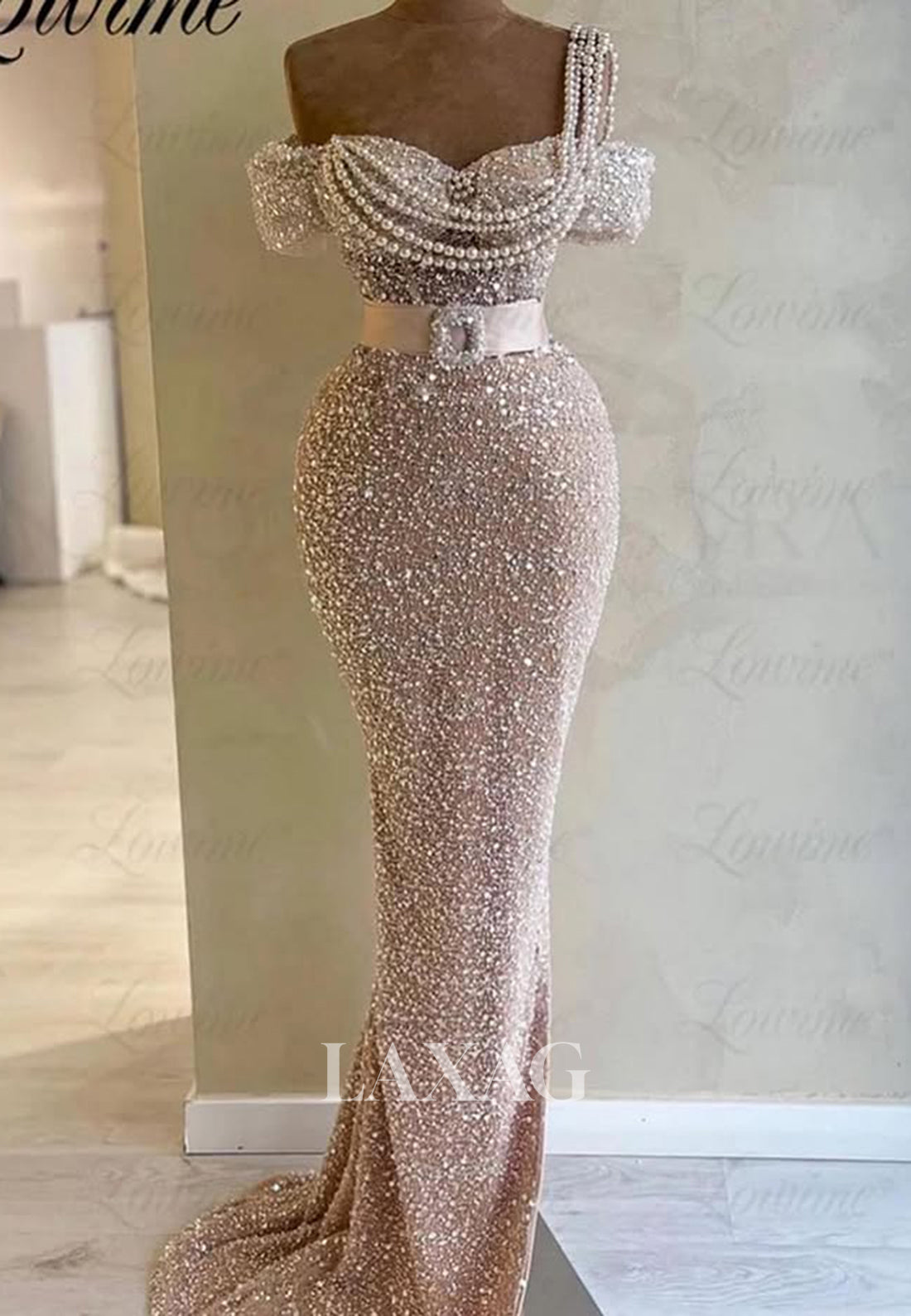 Sweetheart Off-Shoulder Sleeveless Mermaid Prom Dress Sequined Pearl Glitter-Knit Evening Gowns