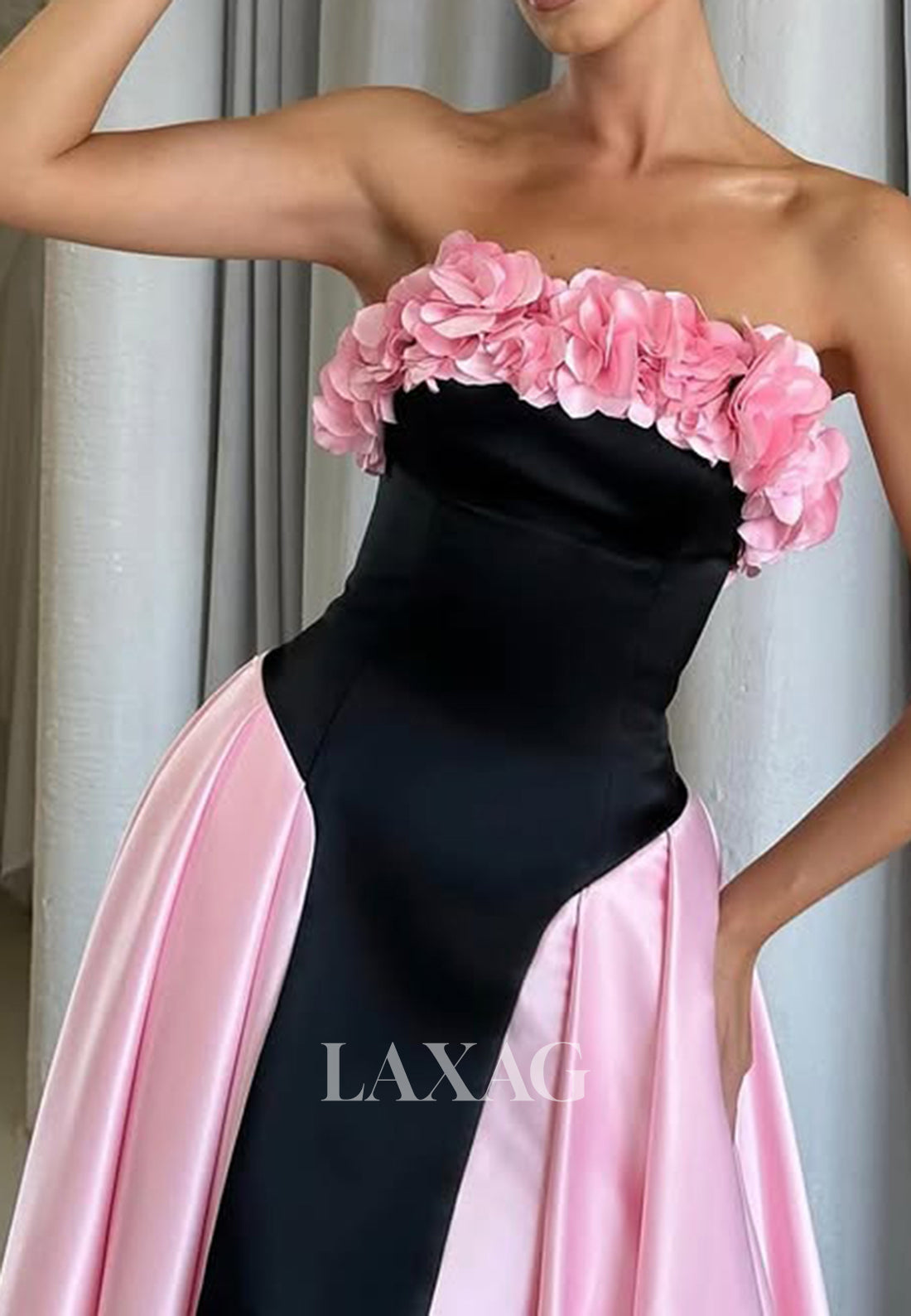 Floral Embellished Tube Top Off-Shoulder Sleeveless Party Gowns Pleated Two Tone Satin Fitted Prom Dress