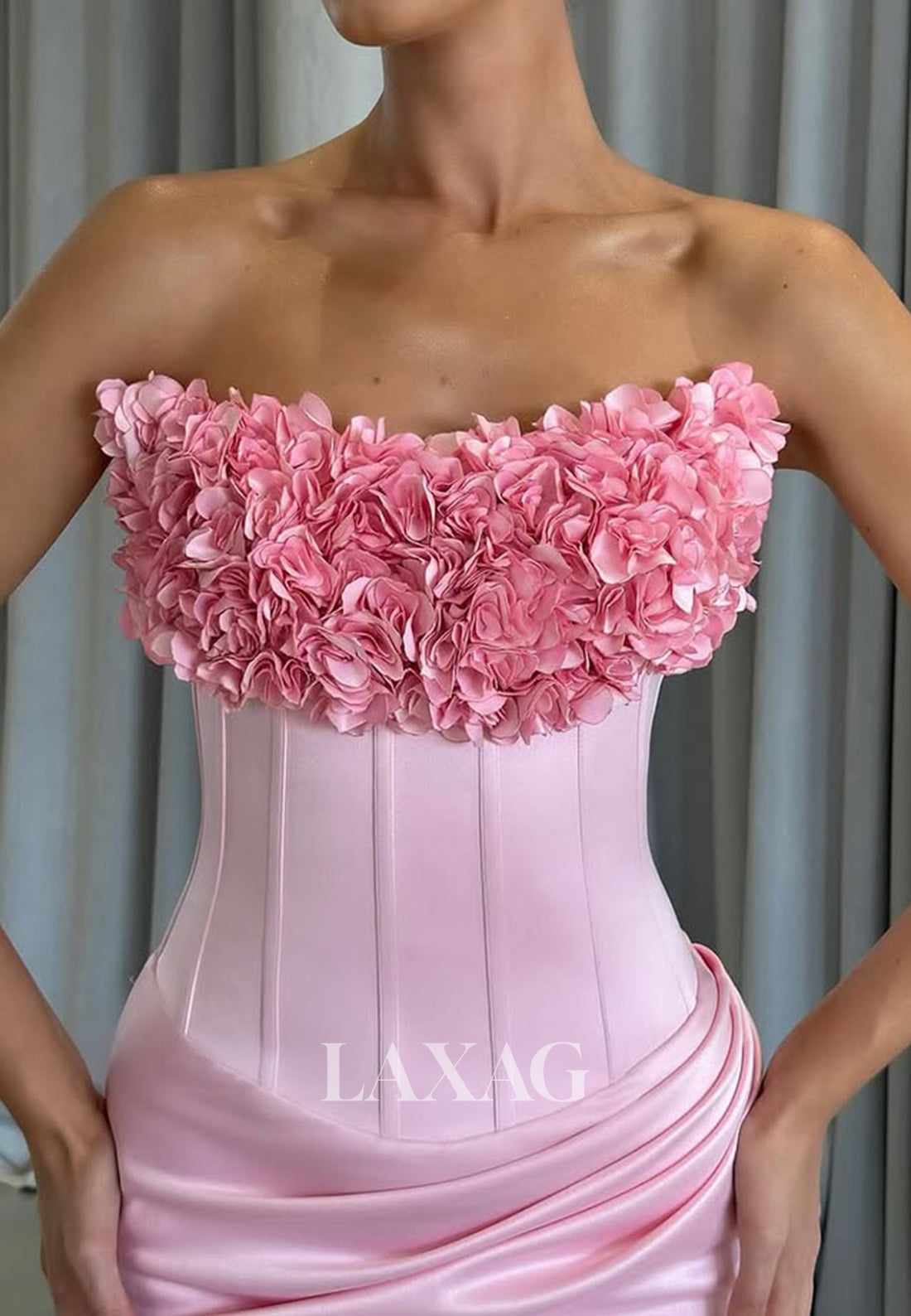 Off-Shoulder Floral Embellished Tube Top Mermaid Prom Dress Sleeveless Pleated Floor-Length Formal Gowns