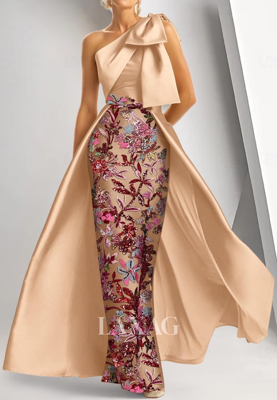 Sleeveless Asymmetrical-Neck Mermaid Evening Dress Sequined Embroidered Floor-Length Formal Gowns