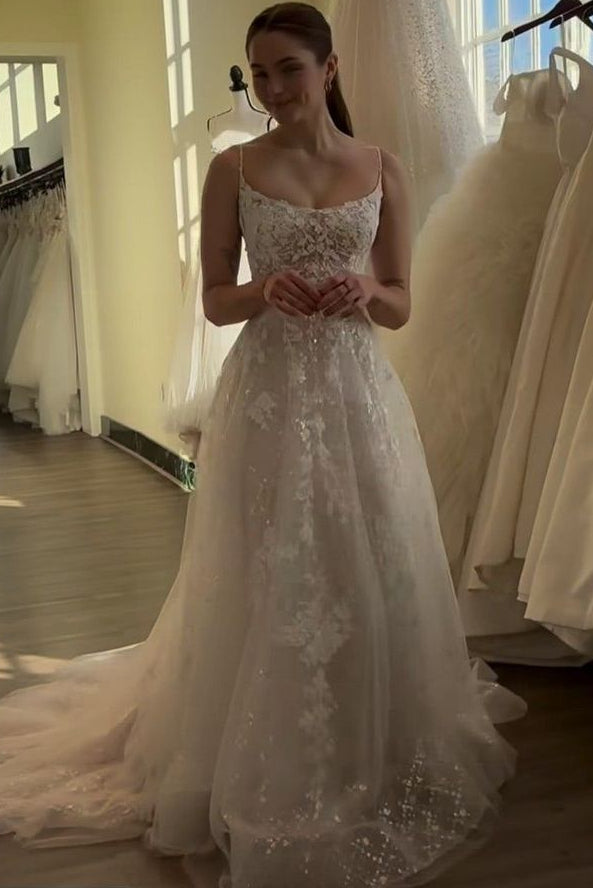 Scoop-Neck Spaghetti Straps Sequined Lace Applique Tulle Pleated A-Line Wedding Dress