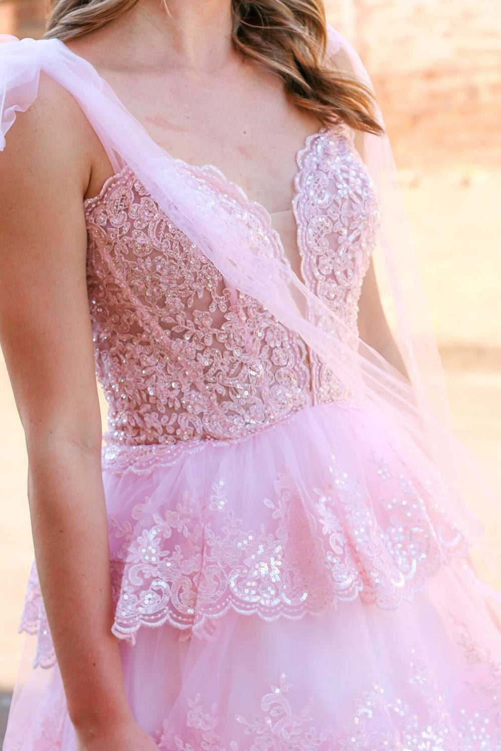 Deep V-Neck Bows-Straps Sleeveless Sequined Applique Tulle Pleated Tiered A-Line Prom Dress