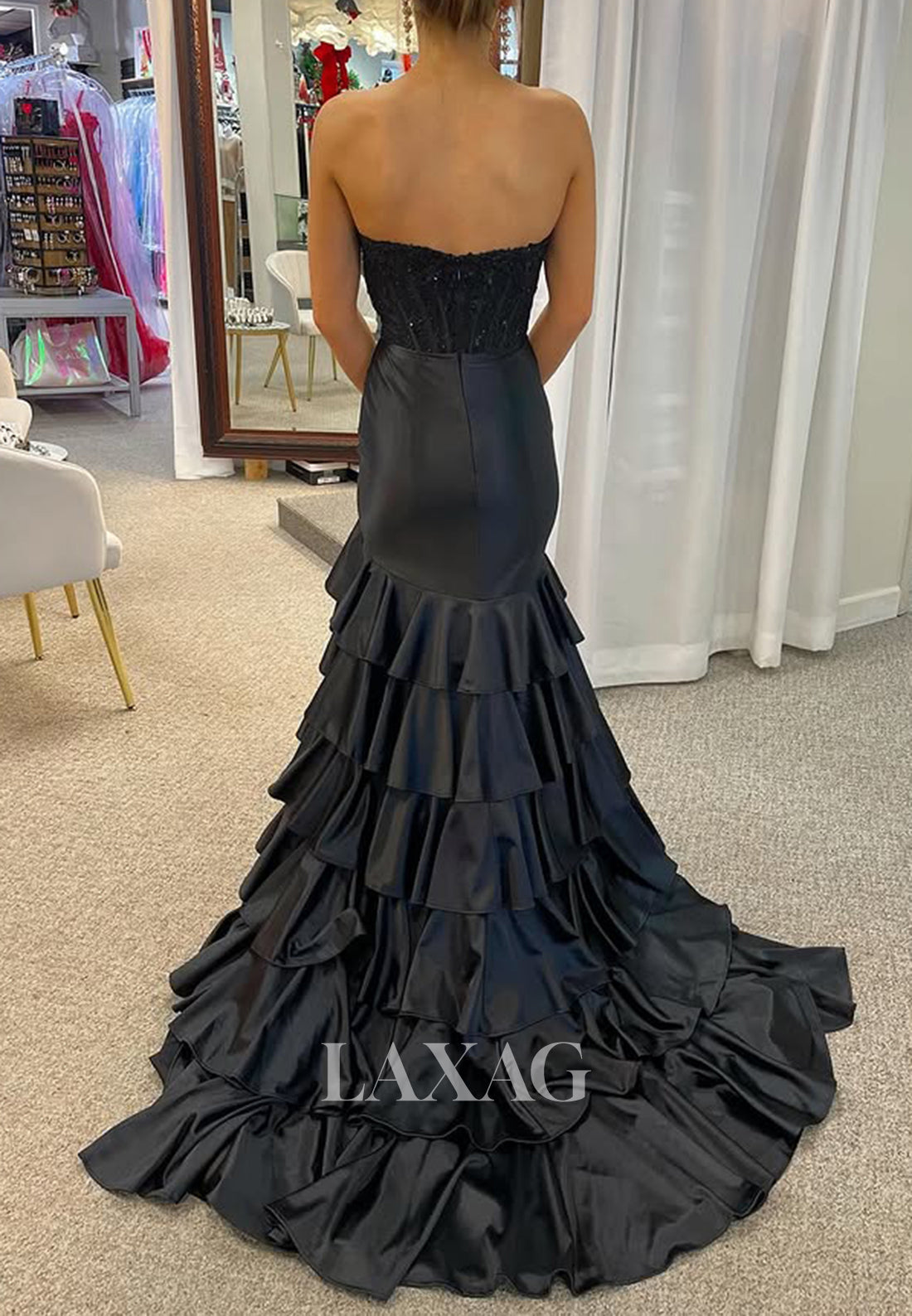 Scoop-Neck Sleeveless Satin Tiered Mermaid Prom Dress Pleated Beaded Sequined Pleated Formal Gowns