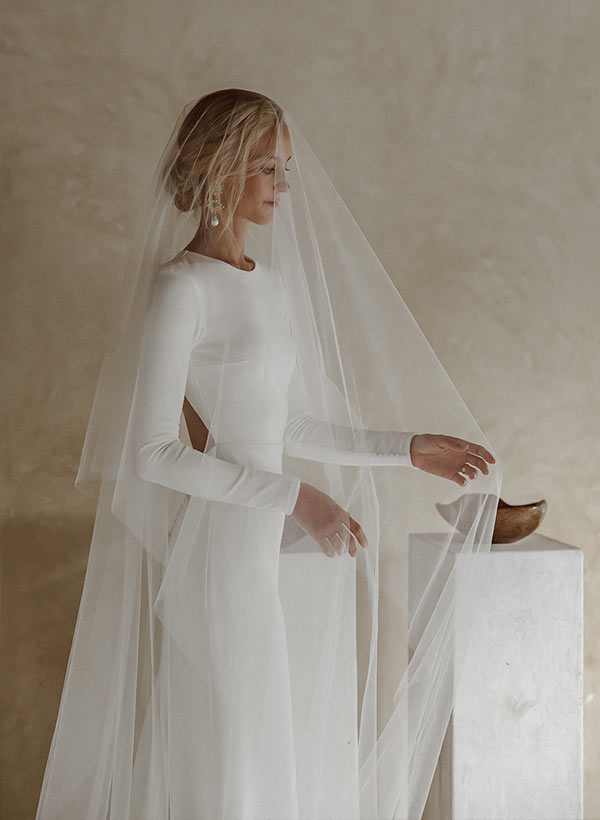 Scoop-Neck Long-Sleeves Satin Pleated Mermaid Wedding Dress with Sweep Train