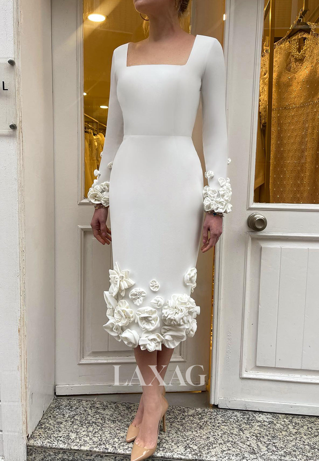 Square-Neck Embellished Ankle-Length Bride Gowns Floral Long-Sleeves S Laxag Square-Neck Embellished Ankle-Length Bride Gowns Floral Long-Sleeves S Laxag