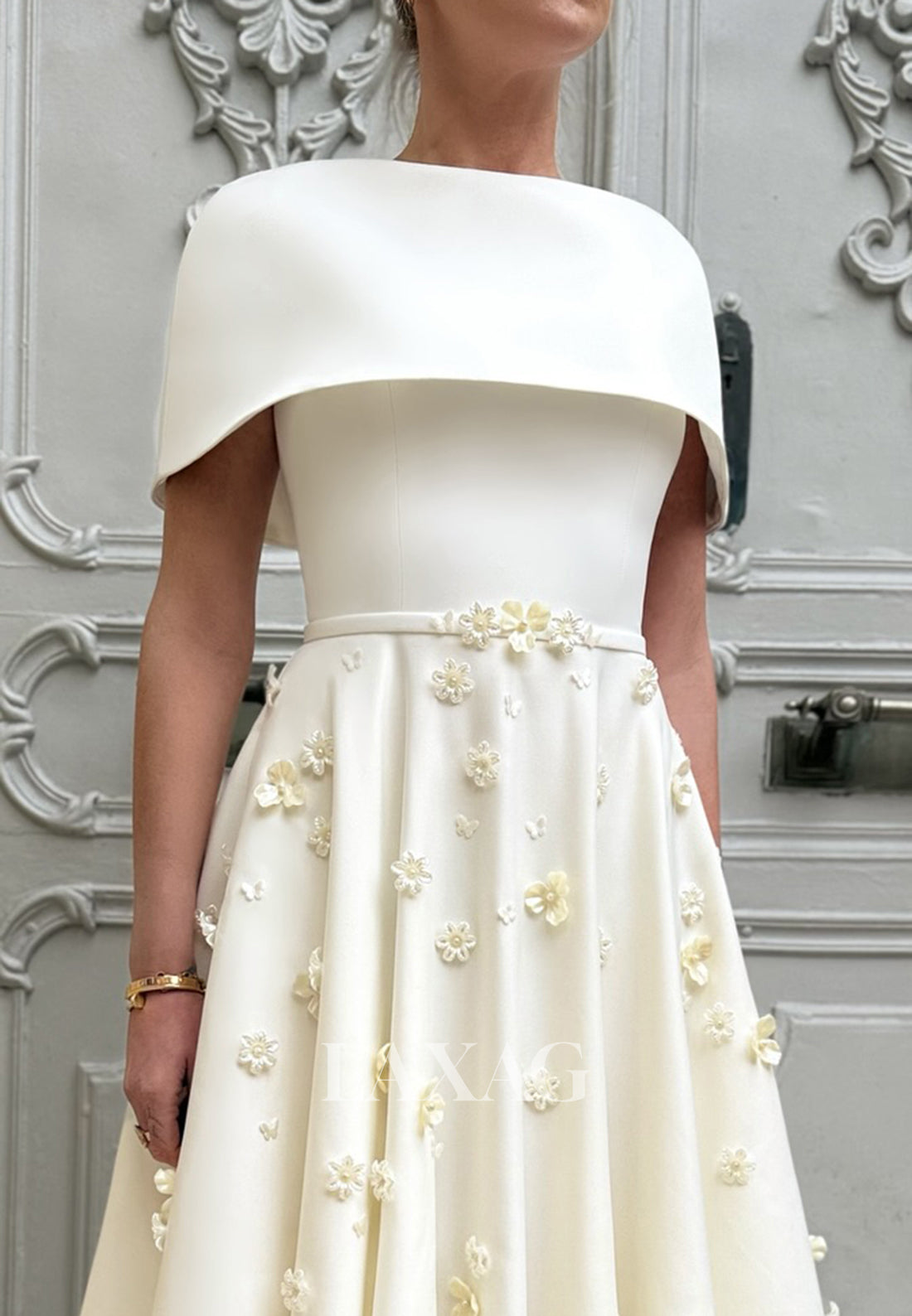 Sleeveless Ankle-Length A-Line Wedding Dress Floral Embellished Pleated Satin Bride Gowns