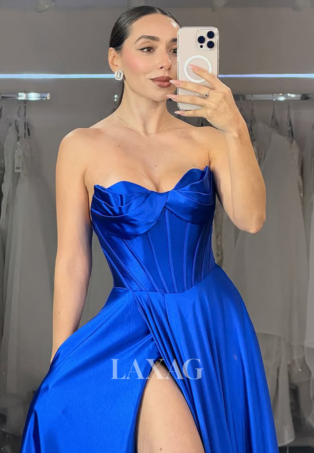 A-Line Sweetheart Off-Shoulder Sleeveless Prom Dress Pleated Satin High Slit Formal Gowns