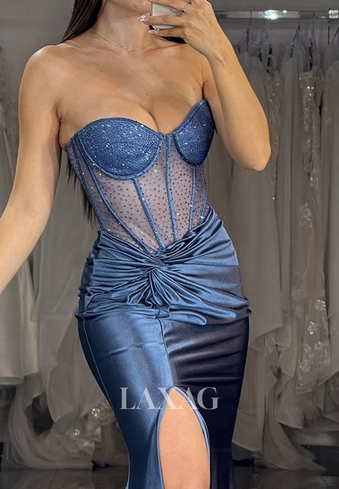 Off-Shoulder Sleeveless Beaded Pleated Mermaid Prom Dress Sweetheart Satin High Slit Party Gowns