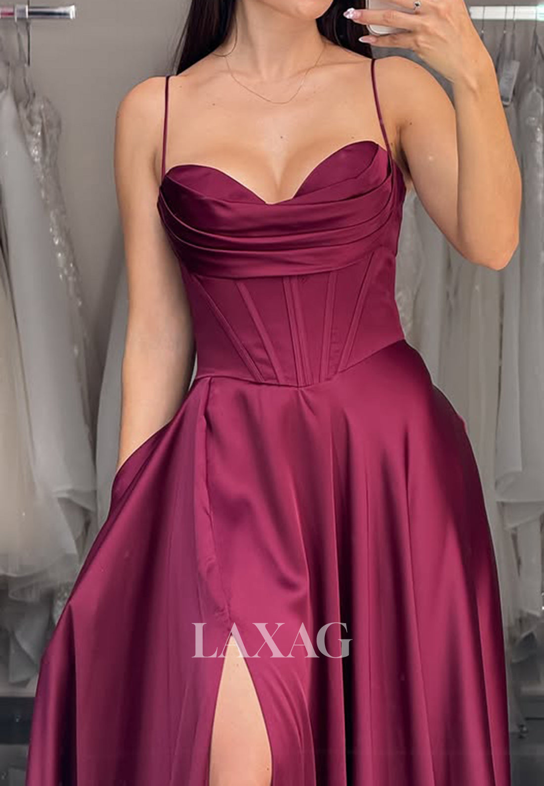 Spaghetti Straps Sweetheart A-Line Prom Dress Sleeveless Pleated Satin Formal Gowns with Slit