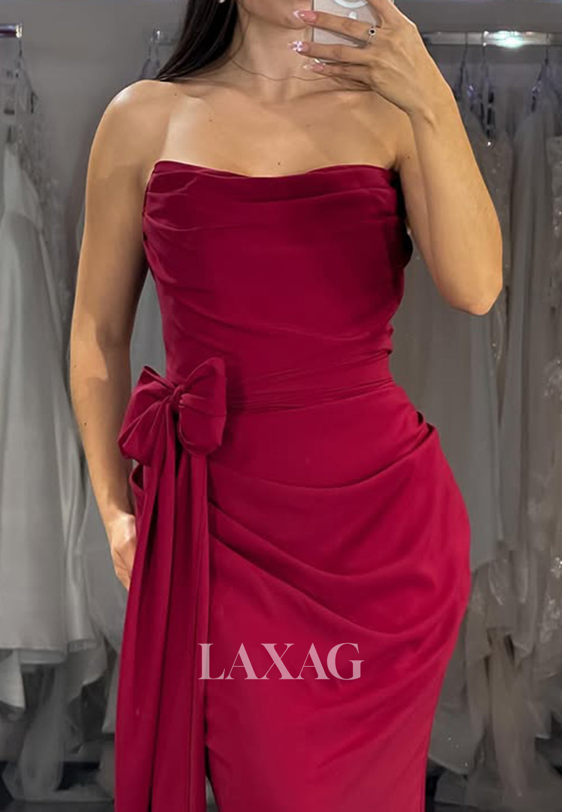 Bateau-Neck Off-Shoulder Sleeveless Evening Gowns Pleated Sweep Train Mermaid Prom Dress with Bow