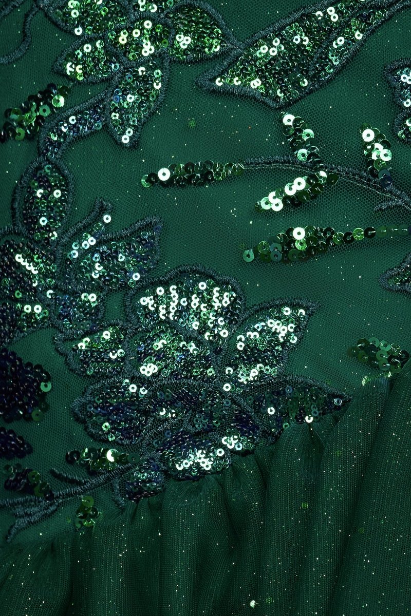 Deep V-Neck Sleeveless Sequined Applique Tulle Ruffled Tiered Trumpet Mermaid Prom Dress