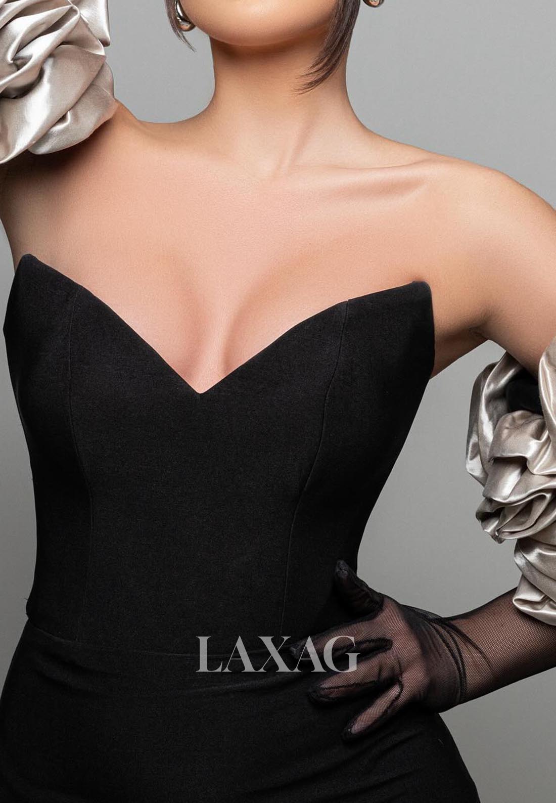 V-Neck Off-Shoulder Pleated Mermaid Evening Dress Floral Embellished Formal Gowns with Gloves