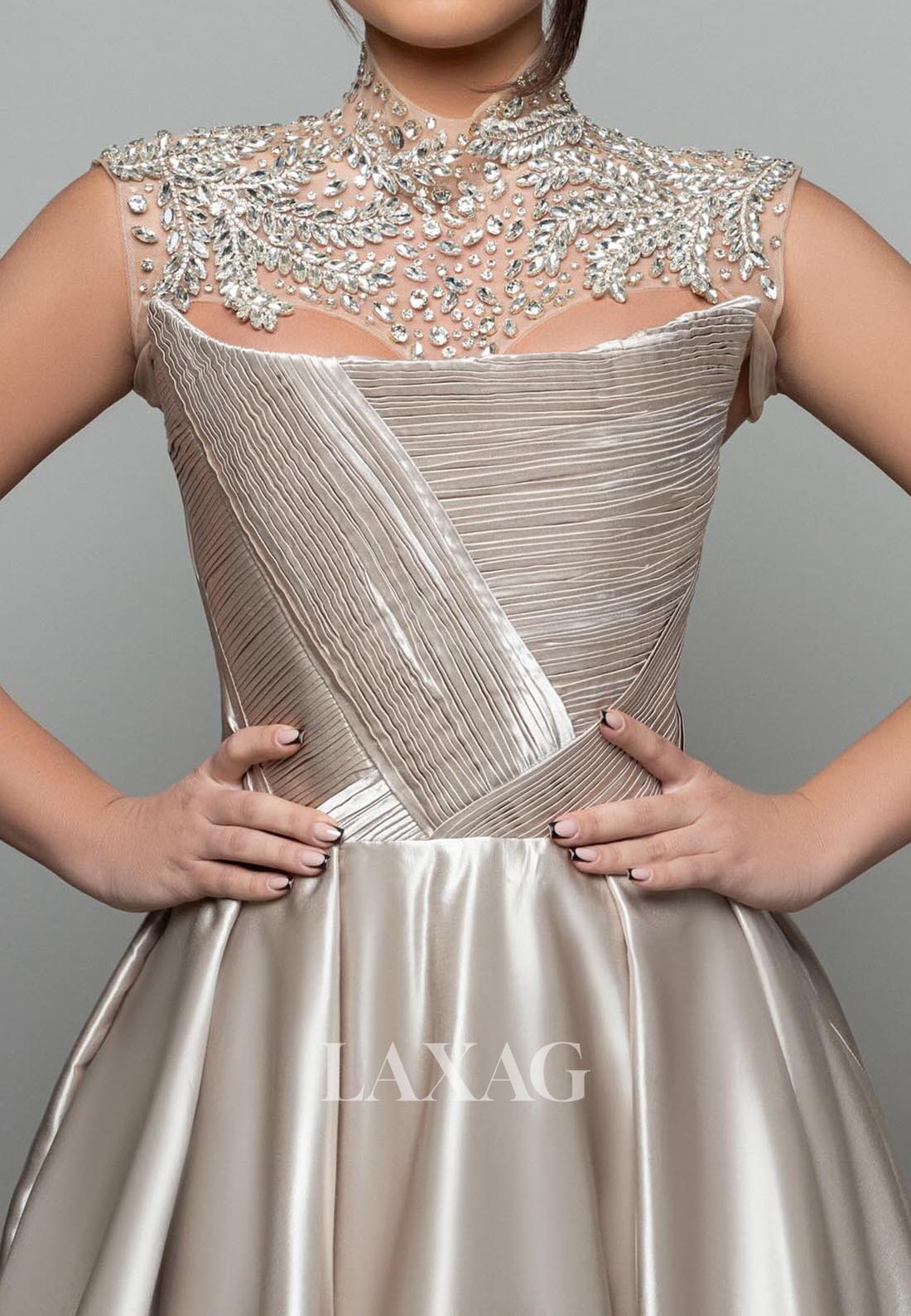 High-Neck Sleeveless Sheer A-Line Evening Dress Beaded Pleated Satin Formal Gowns