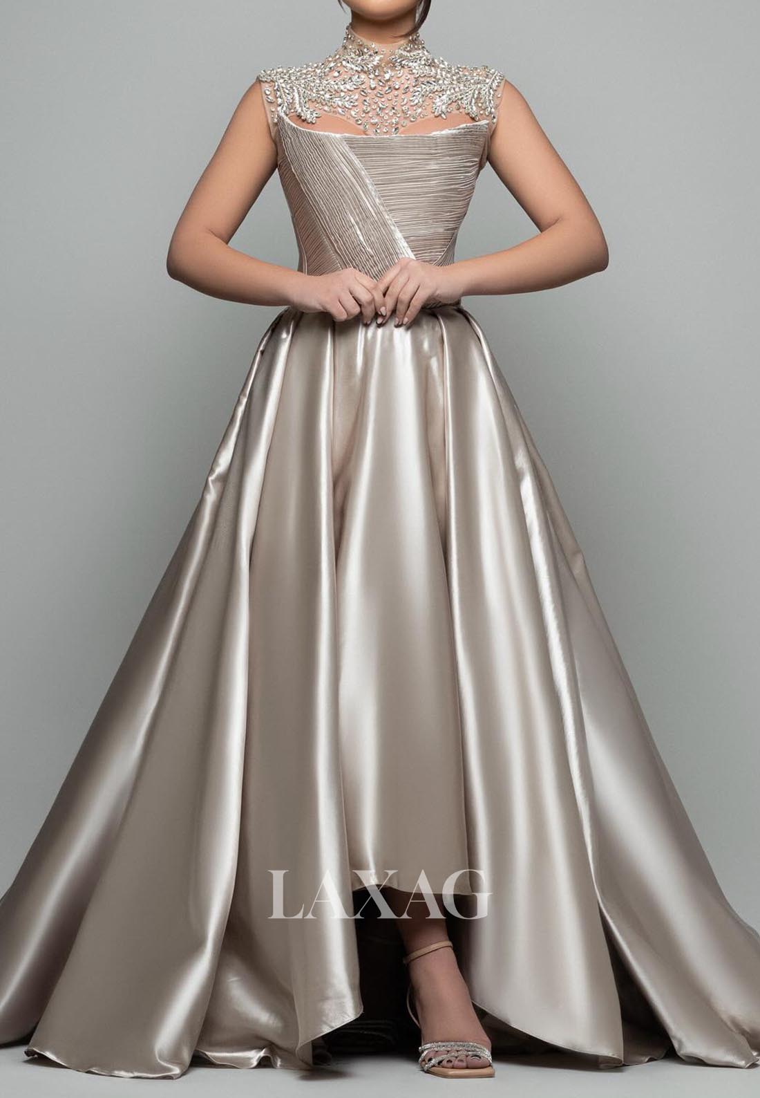 High-Neck Sleeveless Sheer A-Line Evening Dress Beaded Pleated Satin F Laxag High-Neck Sleeveless Sheer A-Line Evening Dress Beaded Pleated Satin F Laxag