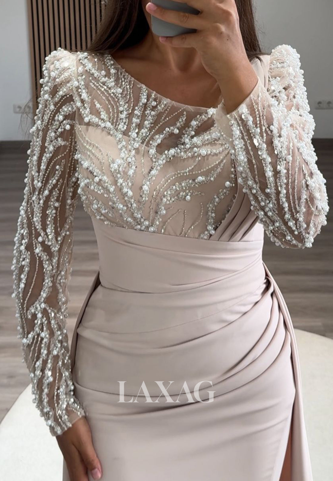 Long Sleeves Mother of the Bride Dress Beaded Sequined Pleated Satin Mermaid Evening Dress with Overskirt