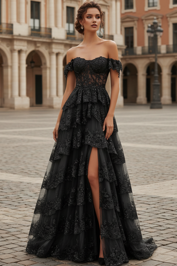 A-Line Sweetheart Sleeveless Party Gowns Beaded Glitter Applique Tiered Prom Dress with Slit