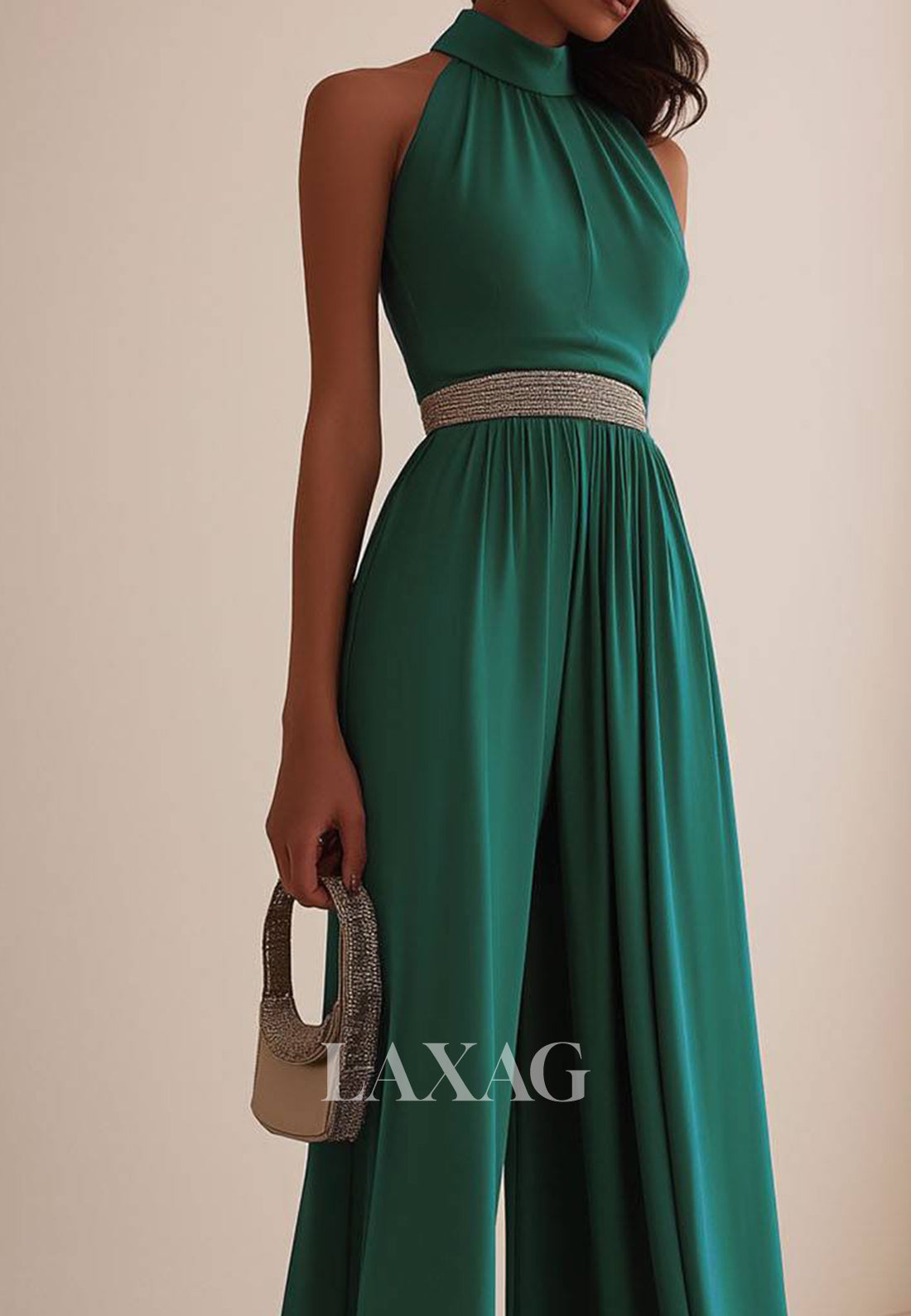 Off-Shoulder Halter-Neck Sleeveless Beaded-Belt Pleated Satin Jumpsuit