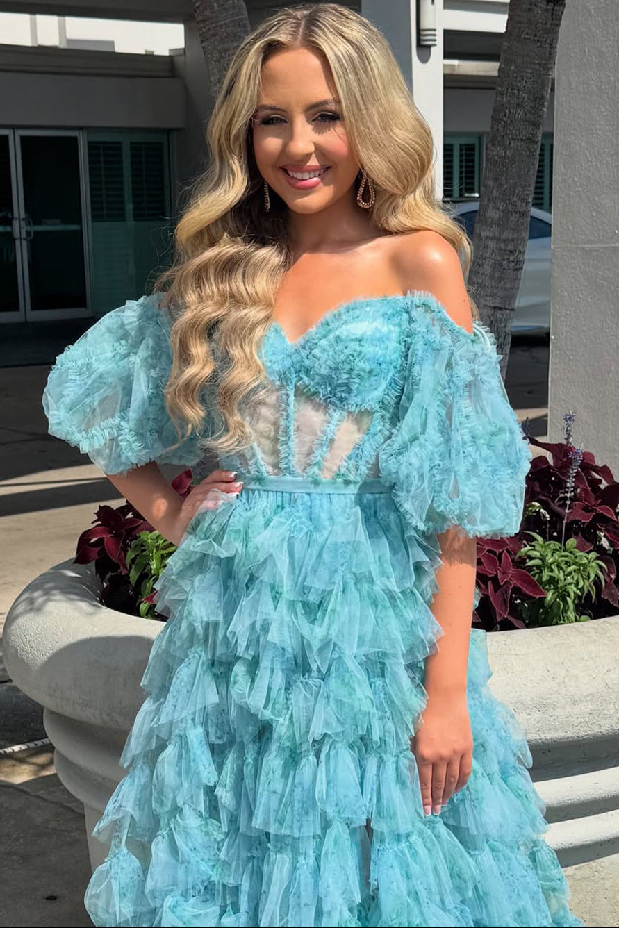 Sweetheart Puff-Sleeves Tulle Ruffled Sheer Tiered A-Line Prom Dress with Sweep Train