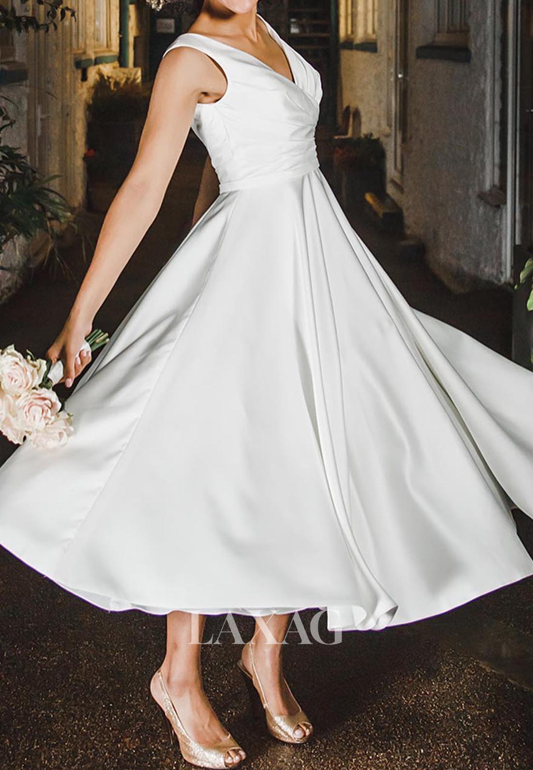 V-Neck Sleveless Tea-Length Bride Gowns Straps Pleated Satin A-Line Wedding Dress