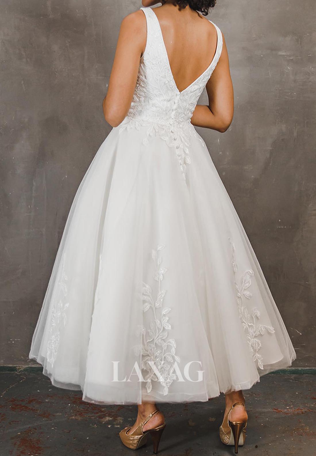 V-Neck Sleveless Tea-Length A-Line Wedding Dress Straps Applique Pleated Tulle Bride Gowns