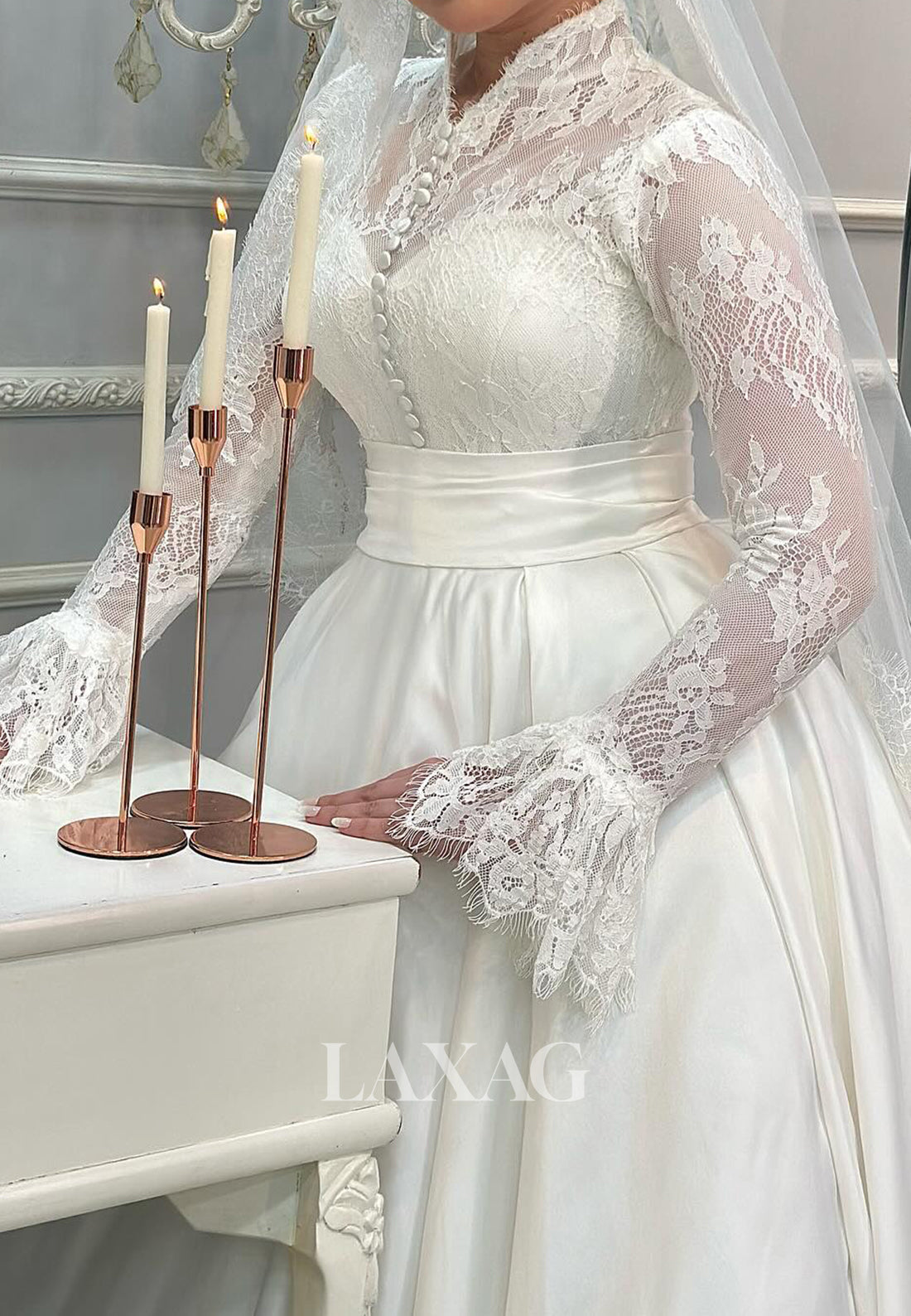 High-Neck Pleated Satin&Lace Bride Gowns Lace-Long-Sleeves A-Line Wedding Dress with Train