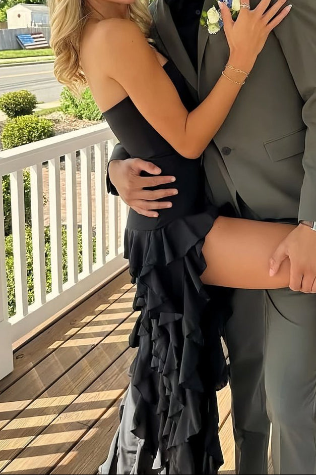 Off-Shoulder Tube Top Sleeveless Pleated Chiffon Long A-Line Prom Dress with High Slit