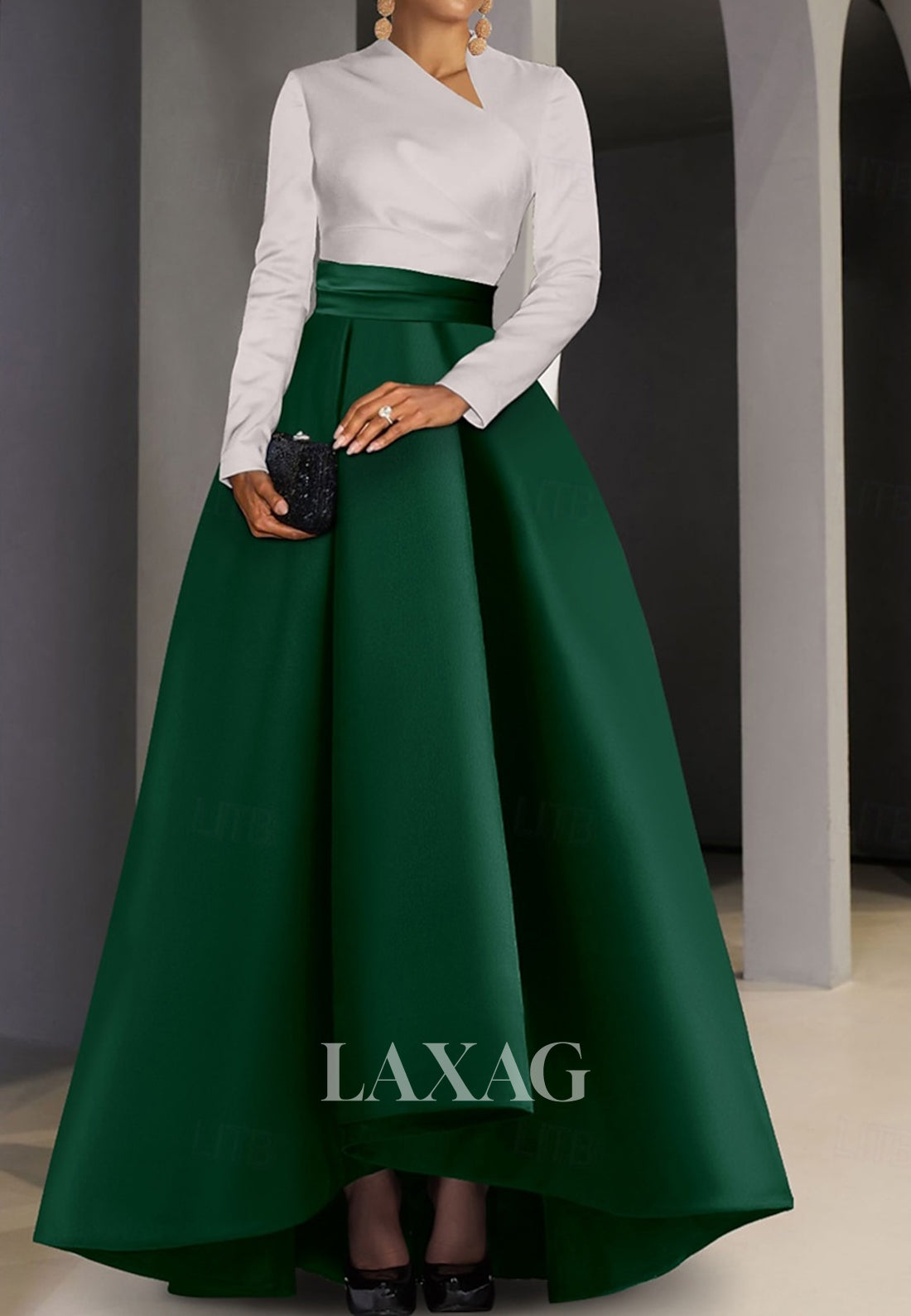Asymmetrical-Neck Long Sleeves Evening Gowns Pleated Floor-Length Two Tone Satin A-Line Wedding Guest Dress Asymmetrical-Neck Long Sleeves Evening Gowns Pleated Floor-Length Two Tone Satin A-Line Wedding Guest Dress