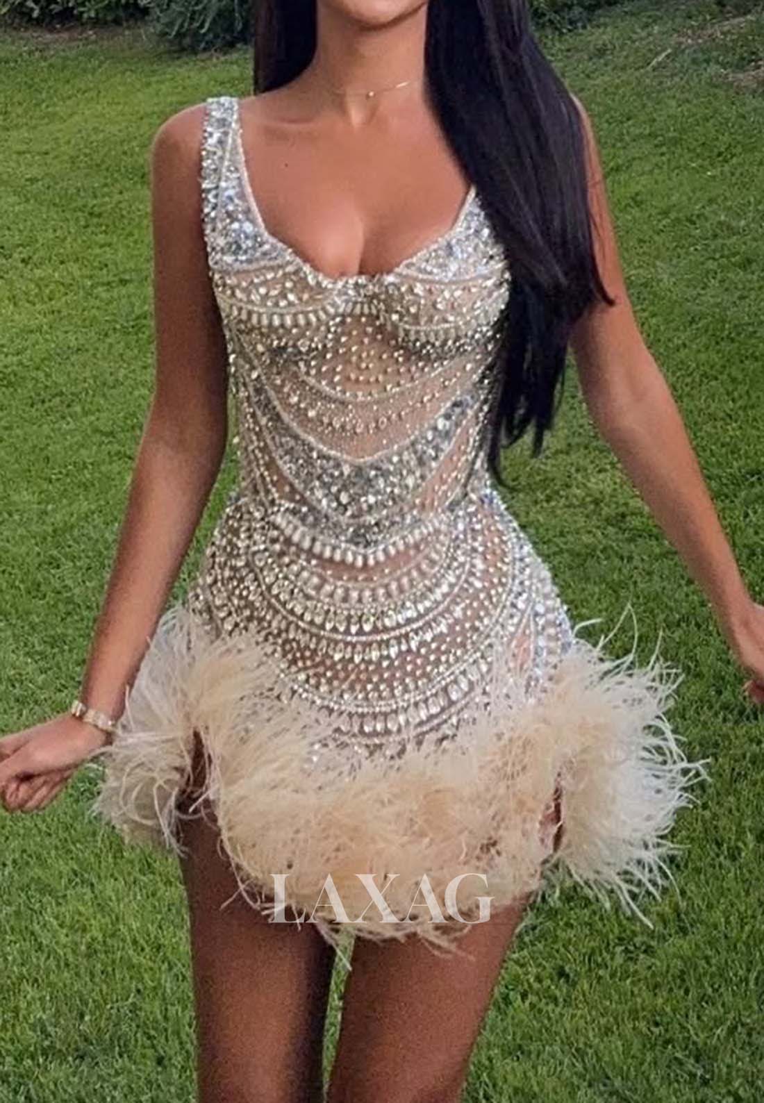 Scoop-Neck Straps Sleeveless Beaded Rhinestone Feathered Mermaid Party Homecoming Dress