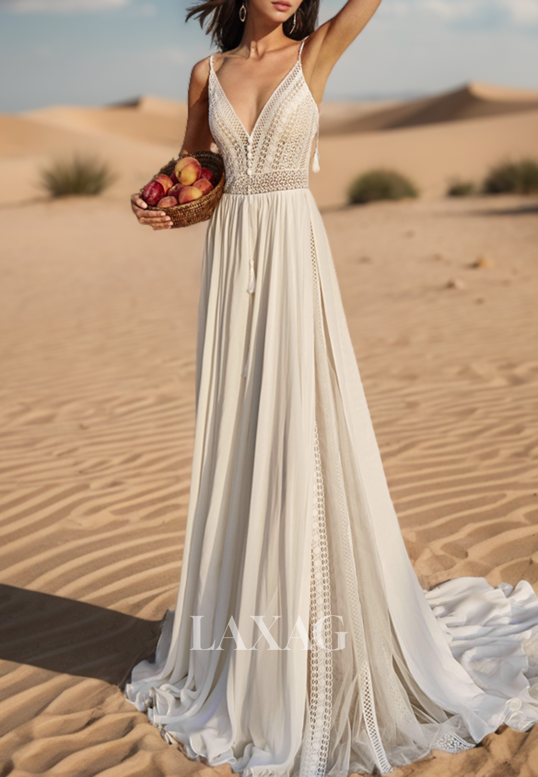 Spaghetti Straps Sleeveless A-Line Wedding Dress Deep V-Neck Lace Chif Laxag Spaghetti Straps Sleeveless A-Line Wedding Dress Deep V-Neck Lace Chif Laxag