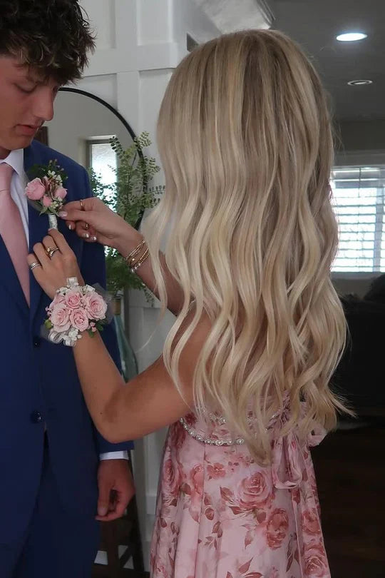 Halter Scoop-Neck Beated Ruffled Print-Chiffon Pleated Tea-Length A-Line Prom Dress