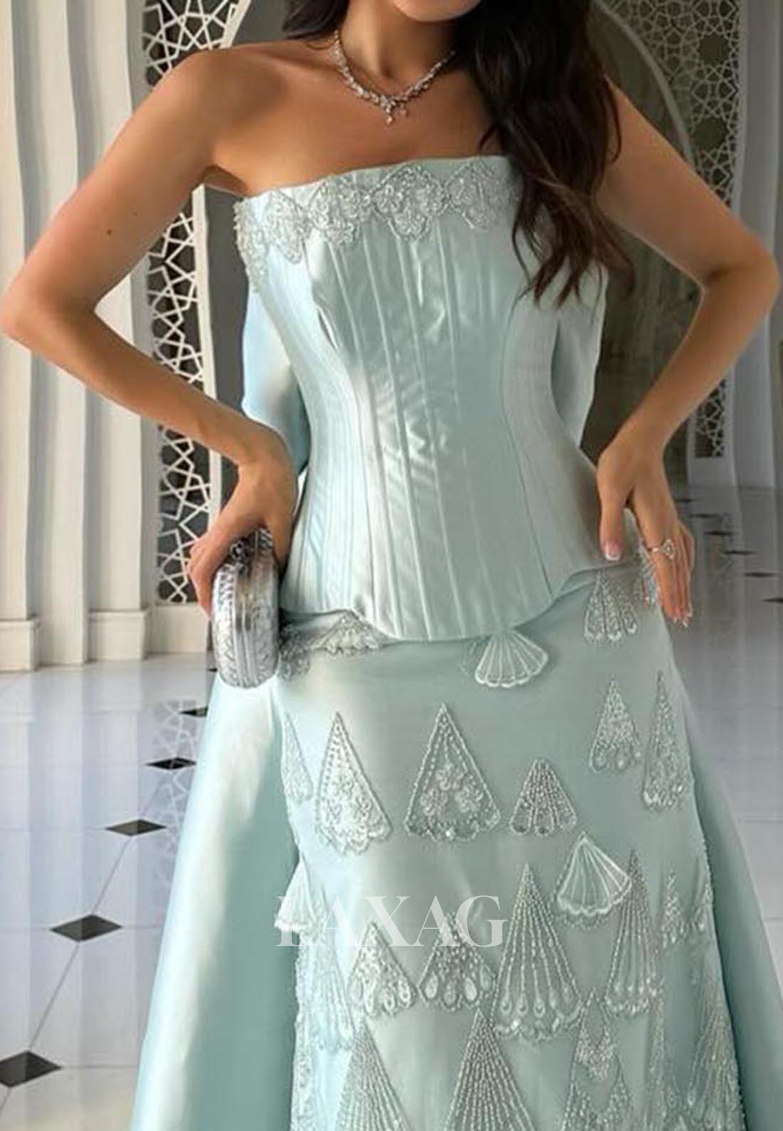 Off-Shoulder Tube Top Sleeveless Beaded Pleated Satin Mermaid Evening Dress with Train