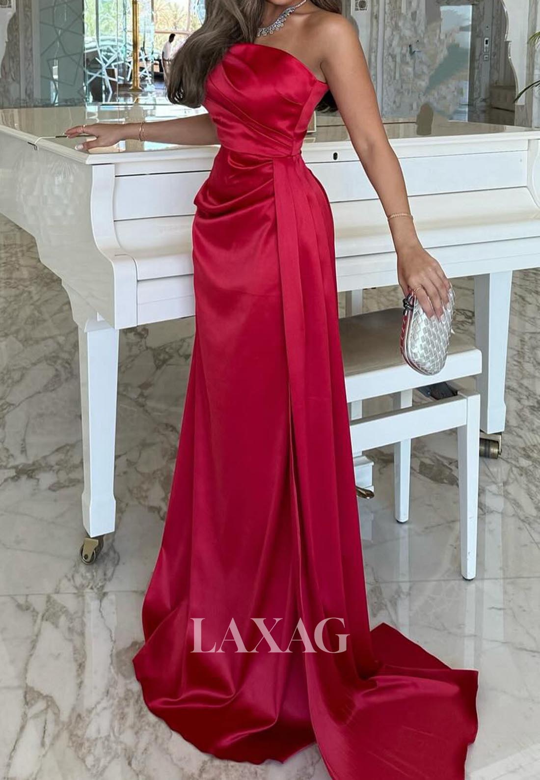 Simple Off-Shoulder Tube Top Sleeveless Formal Gowns Pleated Satin High Slit Evening Dress