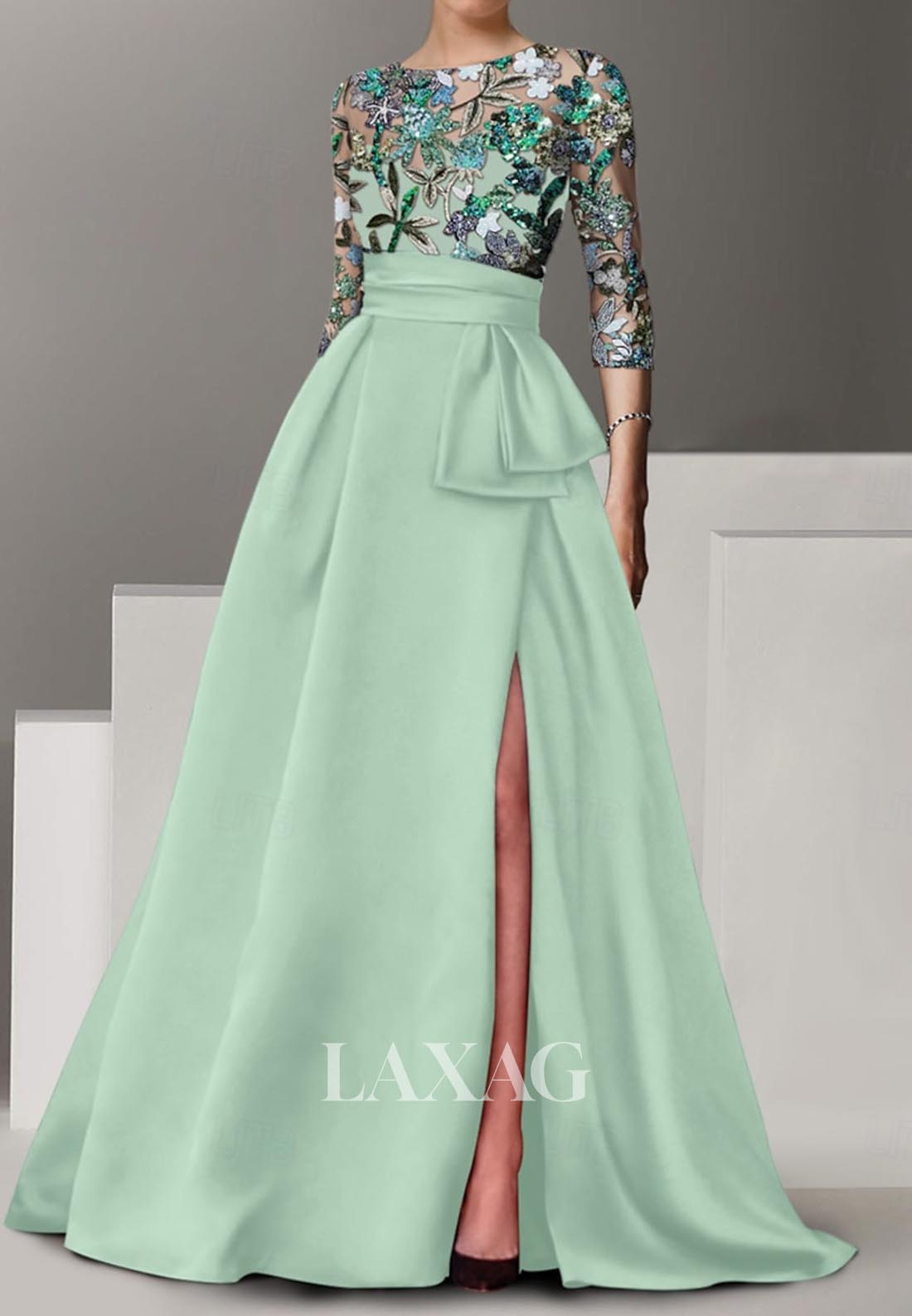 Scoop-Neck Floral Embroidered Sequined A-Line Evening Dress Half-Sleeves Floor-Length Formal Gowns