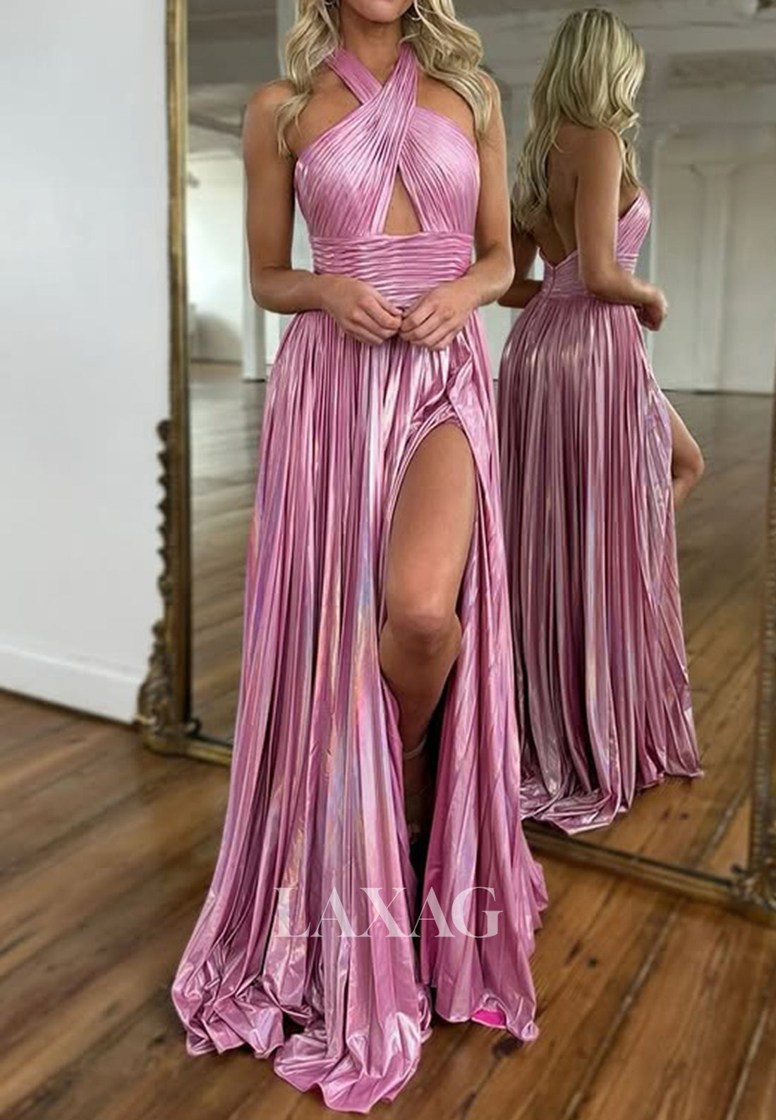 pleated metallic satin dress Pleated Metallic Satin Gown