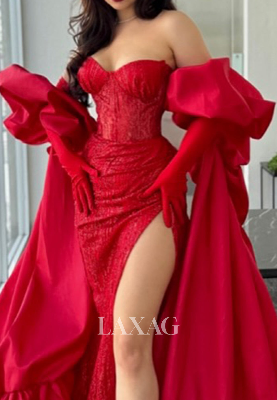 Off-Shoulder Sleeveless Sweetheart Allover Lace Pleated High Slit Mermaid Prom Dress with Long-Gloves