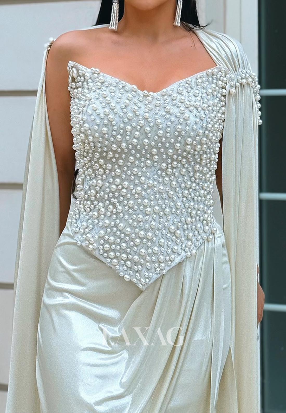 V-Neck Off-Shoulder Sleeveless Mermaid Evening Dress Pearl Pleated Satin Formal Gowns