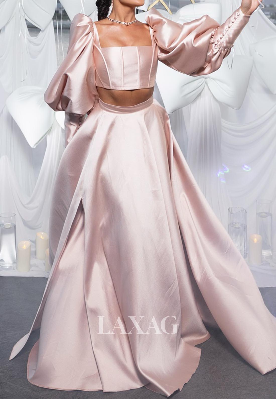 Square-Neck Puff-Sleeves A-Line Evening Dress Sweep Train Satin Formal Laxag Square-Neck Puff-Sleeves A-Line Evening Dress Sweep Train Satin Formal Laxag