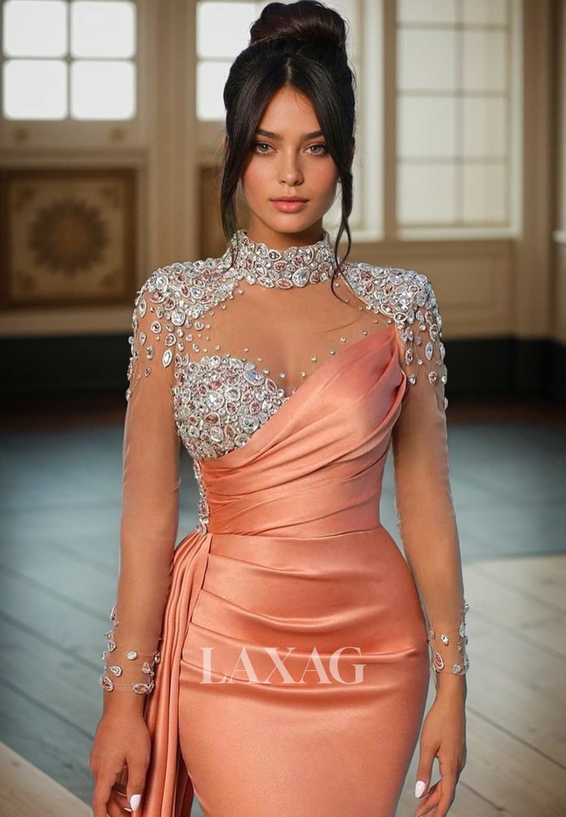 21904 - Illusion Neckline Beads Long Sleeves Mermaid Long Formal Prom Dress