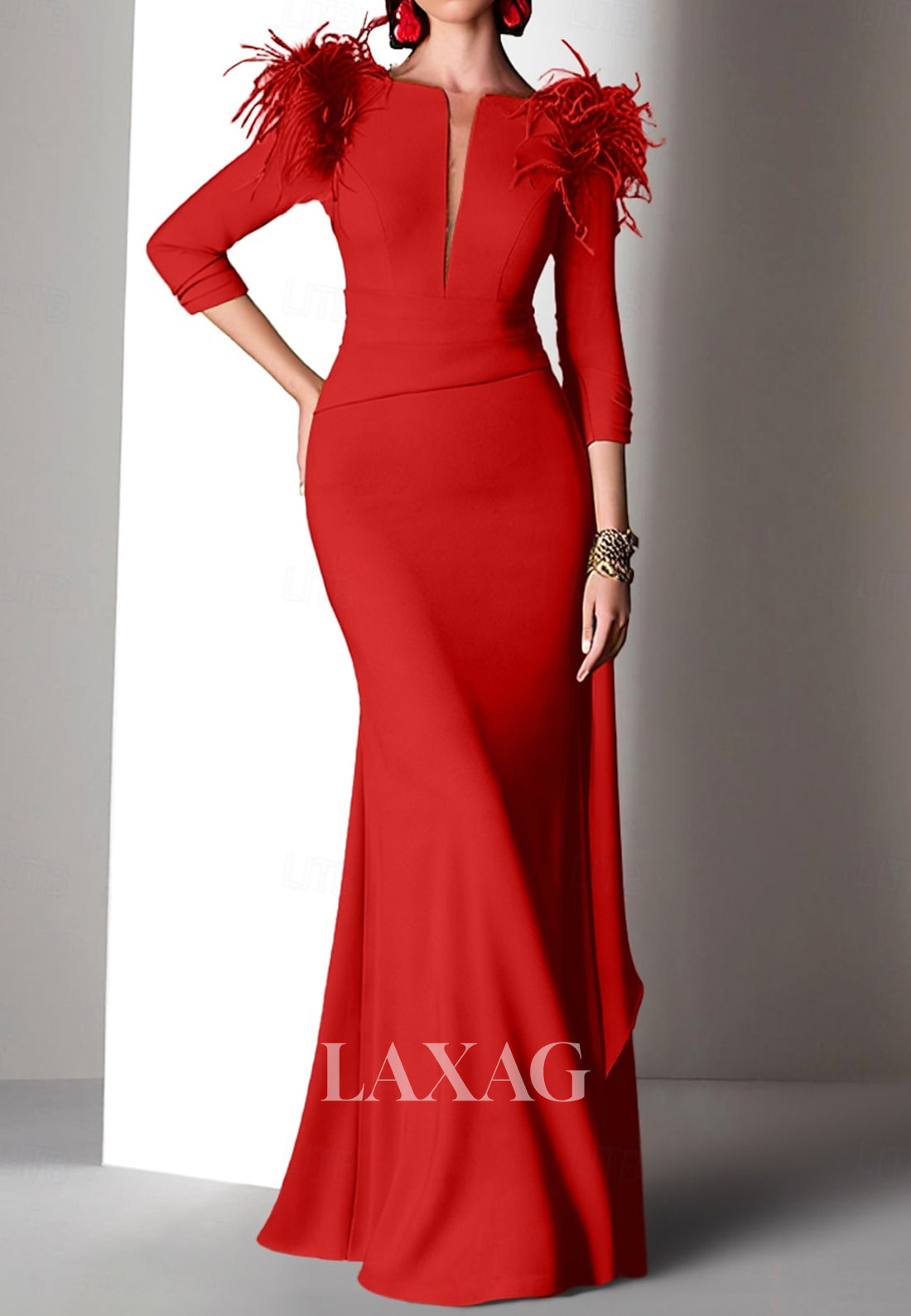 Plunging V-Neck Long Sleeves Fitted Wedding Guest Dress Fringed Pleated Floor-Length Satin Evening Gowns